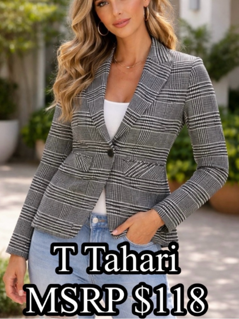 ❄️T Tahari Petite Glen Plaid Blazer Black Tan Ivory Viscose Blend Size 2P